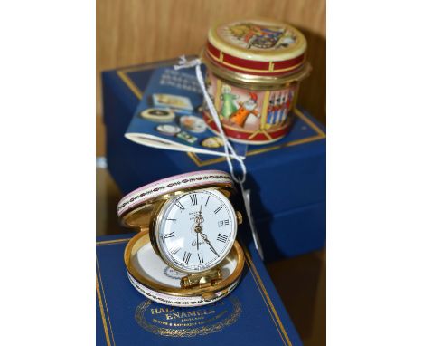 TWO BOXED HALCYON DAYS ENAMEL BOXES, one fitted with a musical movement and shaped as a drum, playing 'The Toy Symphony in C 