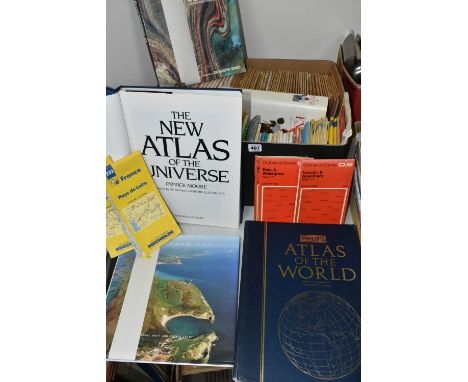 A BOX OF MAPS AND FOUR ATLAS BOOKS, ETC, the box of Ordnance Survey and other folded maps of regions of the UK and France, th
