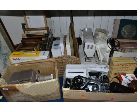 FOUR BOXES AND LOOSE ASSORTED HOUSEHOLD SUNDRIES, BOOKS, PRINTS, ETC, including a boxed Kodak digital picture frame, a Hi-Lyt