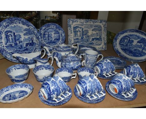 FIFTY THREE PIECES OF SPODE ITALIAN TEA AND DINNER WARES, comprising two different sized teapots, a cream jug, two sugar bowl