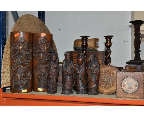 A COLLECTION OF TREEN, comprising a large carved oak hinged sewing/writing box, the lid is decorated with carved peaches and 