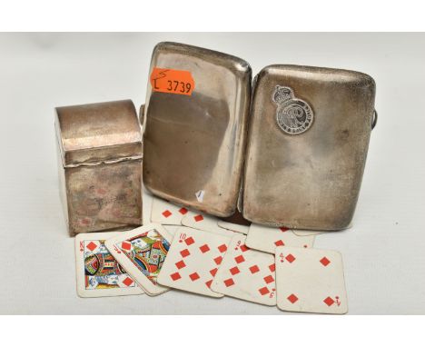 AN EARLY 20TH CENTURY SILVER MINIATURE PLAYING CARD CASE AND CIGARETTE CASE, the playing card case of cube outline with hinge
