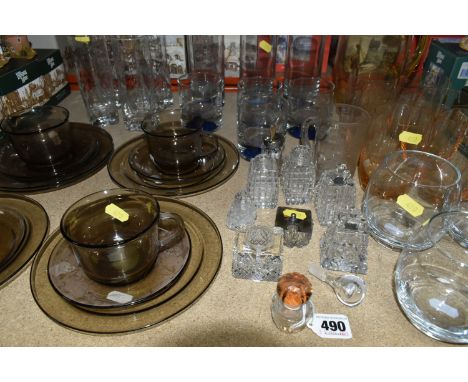 A GROUP OF GLASSWARE, comprising a mid-century amber coloured lemonade set, four whisky tumblers and three tall tumblers with