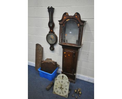 A GEORGIAN OAK AND CROSSBANDED 30 HOUR LONGCASE CLOCK, the hood enclosing a painted 13 inch dial with roman numerals along wi