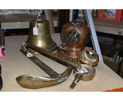 A GROUP OF MARITIME RELATED METALWARE, comprising a small anchor B&amp;A -LD11, a large reproduction brass bell with clapper,