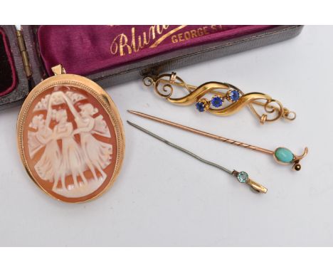 A 9CT GOLD CAMEO BROOCH, YELLOW METAL BROOCH AND STICK PIN, a shell cameo depicting the three graces, collet set in yellow go