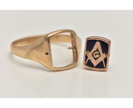 A MASONIC SWIVEL SIGNET RING, an AF yellow gold signet ring with a central swivel panel, blue enamel detail, hallmarked 9ct, 