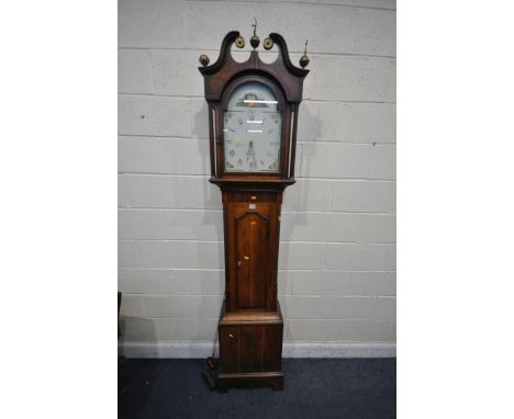 A GEORGIAN OAK AND MAHOGANY EIGHT DAY LONGCASE CLOCK, the hood with a swan neck pediment and brass finials, reeded pillars fl