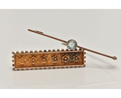 TWO MID 19TH/EARLY 20TH CENTURY BROOCHES, the first a rose gold polished bar brooch set with a circular light blue paste, hal