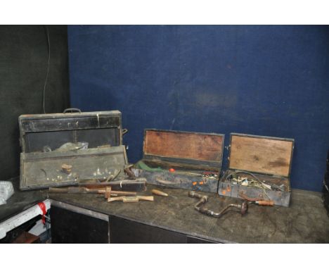 THREE VINTAGE WOODEN CARPENTERS TOOLBOXES containing tools including wooden spokeshaves and wooden 17in plane, a hand brace, 