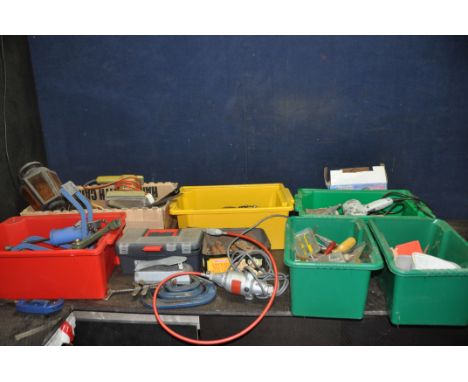 SIX BOXES CONTAINING POWER AND HAND TOOLS including a Black and Decker vintage sander, a vintage engraver, a vintage rotary t