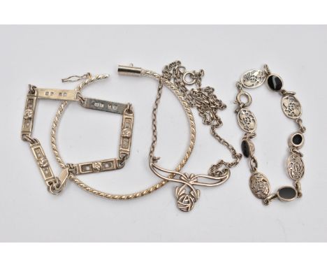 A SMALL BAG OF JEWELLERY, to include a silver Celtic pattern bracelet, fitted with a lobster clasp hallmarked Birmingham impo