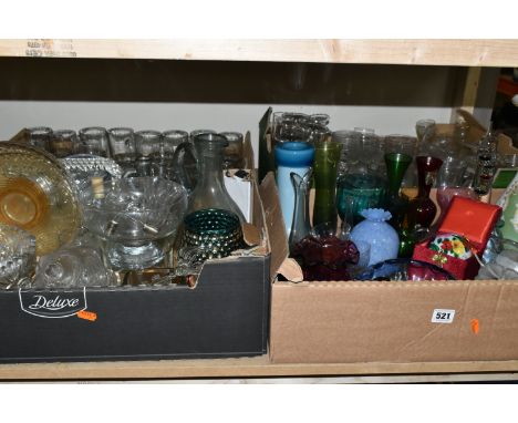 FOUR BOXES OF GLASS WARES, to include a green Alum Bay Glass scent bottle, a Mdina paperweight in the form of a bird, a Guern