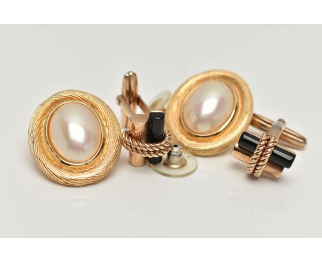 A PAIR OF 'CHRISTIAN DIOR' EARRINGS AND CUFFLINKS, the earrings of an oval form set with an imitation cabochon pearl, yellow 