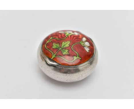 A JUGENDSTIL/ART NOUVEAU GERMAN SILVER ENAMEL PILL BOX BY HEINRICH LEVINGER, of squat ovoid shape with hinged lid with floral
