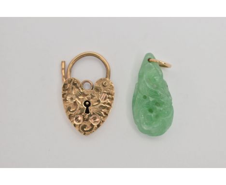 A 9CT GOLD HEART PADLOCK CLASP, AND A CARVED JADE PENDANT, the padlock with a floral engraved pattern, hallmarked 9ct Birming