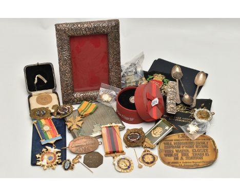 A BOX OF ASSORTED ITEMS, to include a boxed silver 'My last Rolo', hallmarked 'C W Sellors' Sheffield, approximate gross weig