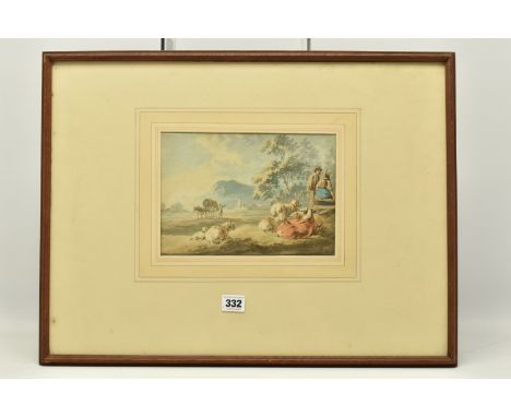PETER Le CAVE (ACTIVE 1769-1816) 18TH CENTURY LANDSCAPE WITH ANIMALS, two figures are sitting on a fence while their animals 