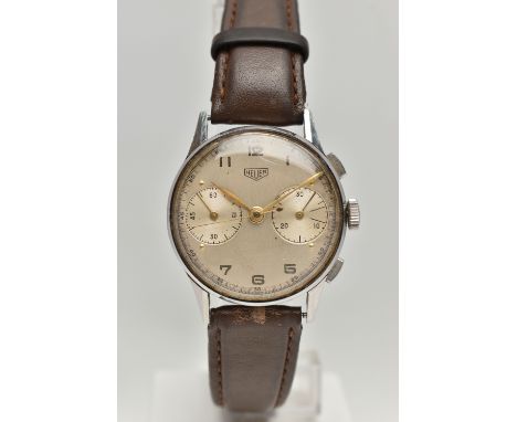 A GENTS 'HEUER' WRISTWATCH, manual wind, round silver dial signed 'Heuer', Arabic numerals, two subsidiary dials at the three