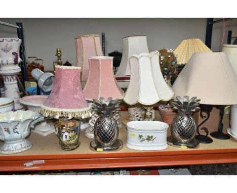 A LARGE QUANTITY OF TABLE LAMPS AND PLANTERS, to include a pair of chrome pineapple candle holders, twelve table lamps, and a