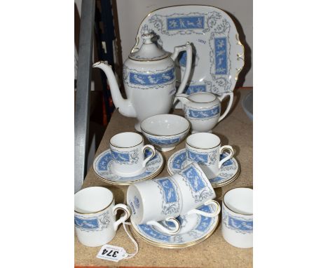 A COALPORT REVELRY PATTERN SIXTEEN PIECE COFFEE SERVICE, comprising cake plate, coffee pot and cover (glued repairs to spout)