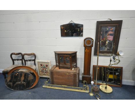 A SELECTION OF OCCASSIONAL FURNITURE, to include an oak framed Gypsy wall mirror, brass fender, pine storage box, hanging two