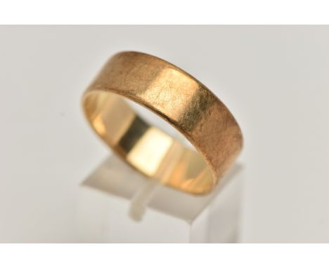 A 9CT GOLD BAND RING, polished flat profile band ring, approximate width 8mm, hallmarked 9ct Birmingham, ring size X leading 