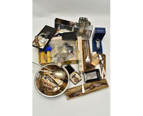 A BOX OF ASSORTED ITEMS, to include two 'Zippo' lighters, a pocket watch, three wristwatches (two AF), a whistle, a large dis