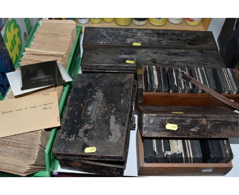A COLLECTION OF OVER THREE HUNDRED MAGIC LANTERN SLIDES / GLASS NEGATIVES IN FIVE METAL AND WOODEN CASES, TOGETHER WITH TWO P