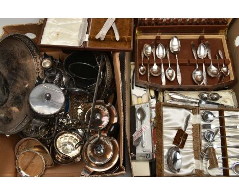 TWO BOXES OF ASSORTED WHITE METAL WARE, to include a four piece silver plate tea set, rose bowl, a three branch candle stick 