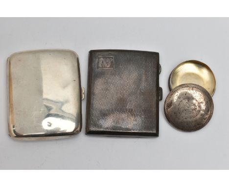 TWO SILVER CIGARETTE CASES AND A PILL BOX, the first cigarette case of a rectangular form, engine turned pattern with engrave