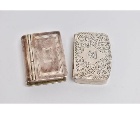 TWO SILVER SNUFF BOXES, the first with a floral engraved pattern and engraved crest, hallmarked 'Adie &amp; Lovekin Ltd' Birm