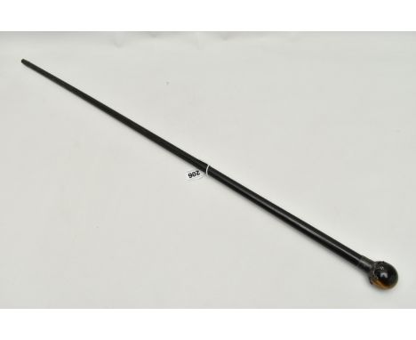 A TIGERS EYE MOUNTED WALKING STICK, ebonised stick fitted with a silver collar and a polished tigers eye pommel, hallmarked '