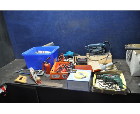 A BOX OF TOOLS AND FIVE POWER TOOLS including a Bosch PSB 400-2 drill, a Black and Decker KS888E jigsaw, a Black and Decker K
