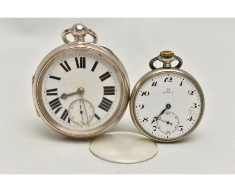 AN OMEGA OPEN FACE POCKET WATCH AND SILVER OPEN FACE POCKET WATCH, AF manual wind open face pocket watch, round white dial si