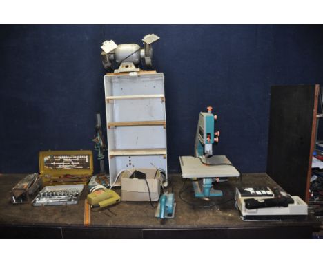 A SELECTION OF VINTAGE POWER AND HAND TOOLS including a Black and Decker Bandsaw, Jigsaw and cordless drills (all untested), 
