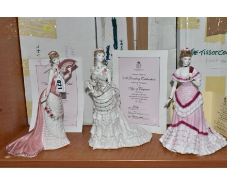 TWO BOXED ROYAL WORCESTER 'AGE OF ELEGANCE' FIGURINES AND ONE BOXED 'TISSOT' COLLECTION FIGURES, comprising a limited edition