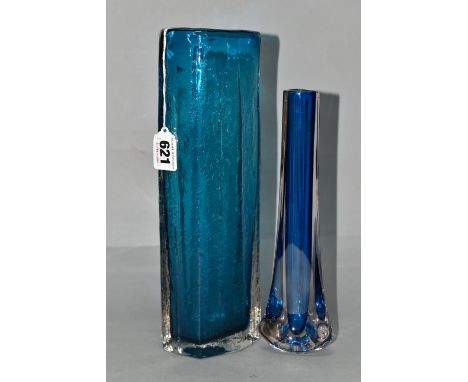 TWO BLUE WHITEFRIARS VASES, comprising a textured range Cucumber vase designed by Geoffrey Baxter, pattern number 9679 in kin