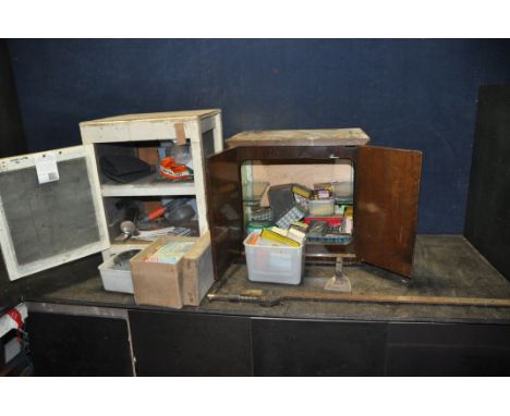 A VINTAGE MEAT SAFE AND RECORD CABINET CONTAINING TOOLS AND HARDWARE including a Record 80cm sash cramp, a blow torch, drill 