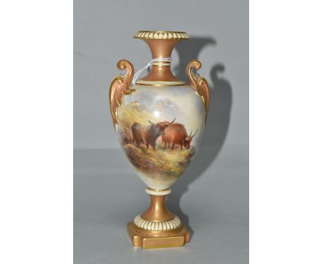 A ROYAL WORCESTER TWIN HANDLED URN HAND PAINTED WITH HIGHLAND CATTLE BY HARRY STINTON, signed, burnished gilt neck, handles a