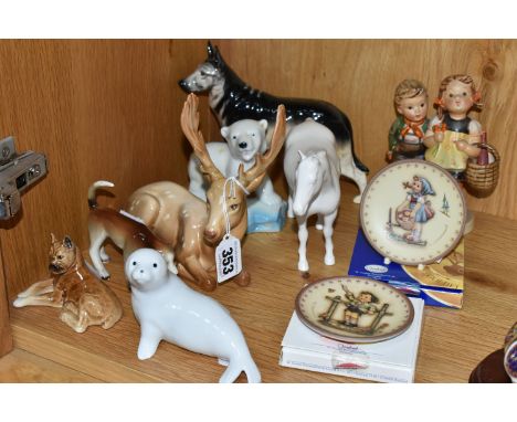 A SMALL GROUP OF BESWICK, HUMMEL, WADE AND OTHER FIGURES, ETC, comprising a Beswick Stag, lying, model no. 954, Beswick Alsat