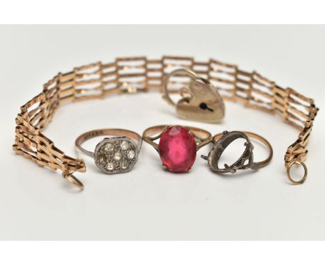 AN ASSORTMENT OF YELLOW METAL JEWELLERY, to include an AF gate bracelet, a yellow and white metal colourless paste cluster ri