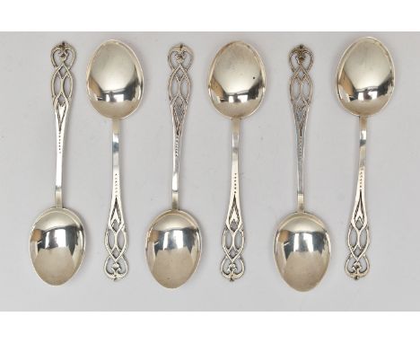 A SET OF SIX SILVER COFFEE SPOONS, six matching spoons with open work detail to the terminations, hallmarked 'W H Haseler Ltd