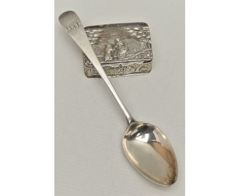 A LATE VICTORIAN 'NATHAN &amp; HAYES' SILVER BOX AND A SILVER TABLE SPOON, rectangular embossed box with romantic scene and f