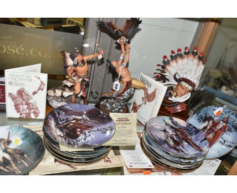 THREE BOXED FRANKLIN MINT CERAMIC SCULPTURES AND A COLLECTION OF SIMILAR COLLECTORS PLATES, the sculptures, after Robert F Mu