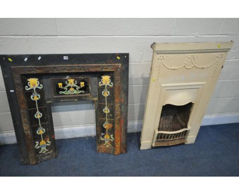 AN CAST IRON FIRE PLACE INSERT with Art Nouveau tiles, width 98cm x height 98cm, and a painted fire place insert (condition r