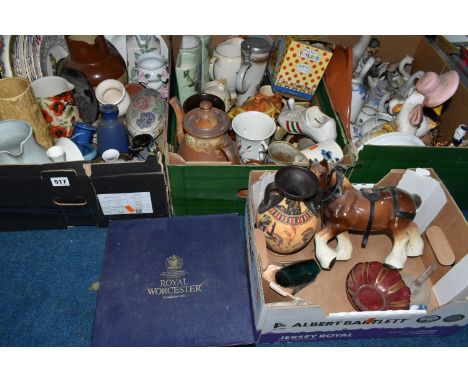 FOUR BOXES OF CERAMICS AND DUCK ORNAMENTS, to include three studio pottery wall pockets, a stoneware salt glazed jug, a boxed