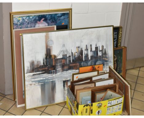 PAINTINGS AND PRINTS ETC, to include an abstract cityscape beyond a river, signed Wilson, oil on canvas, approximate size 75c