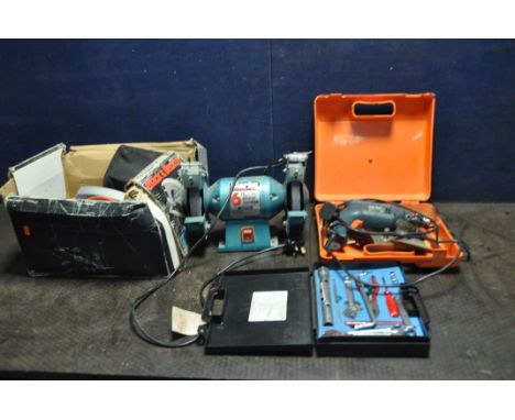A CLARKE METALWORKER 6in BENCH GRINDER, a Black and Decker KD562 drill (both PAT pass and working), a Black and Decker circul
