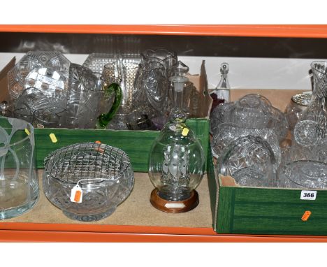 TWO BOXES OF GLASSWARE, comprising cut crystal rose bowls, vases, an etched clear glass pitcher with a green handle, a Lichfi